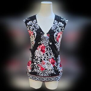 White House Black Market Black Floral Top with Red/White Highlights